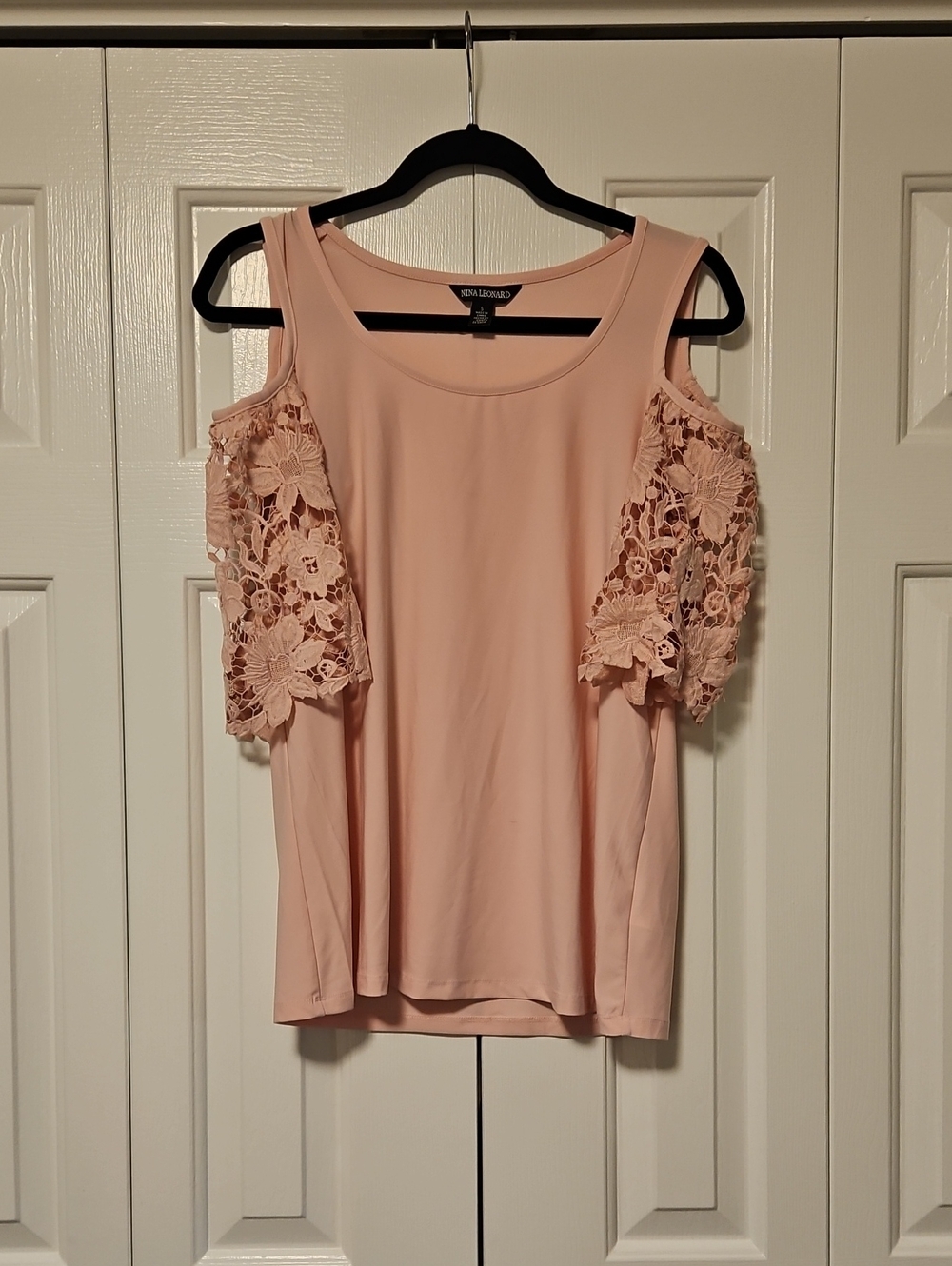 Nina Leonard Blush Cold-Shoulder Lace-Sleeve Top